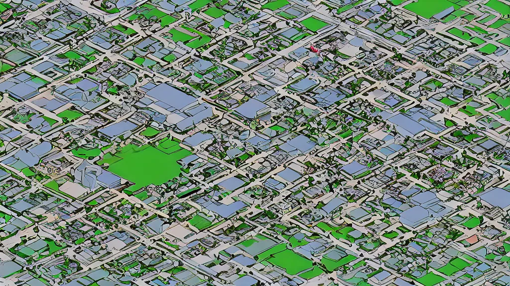 Prompt: photocopy tangential isometric mortgage village / city setting