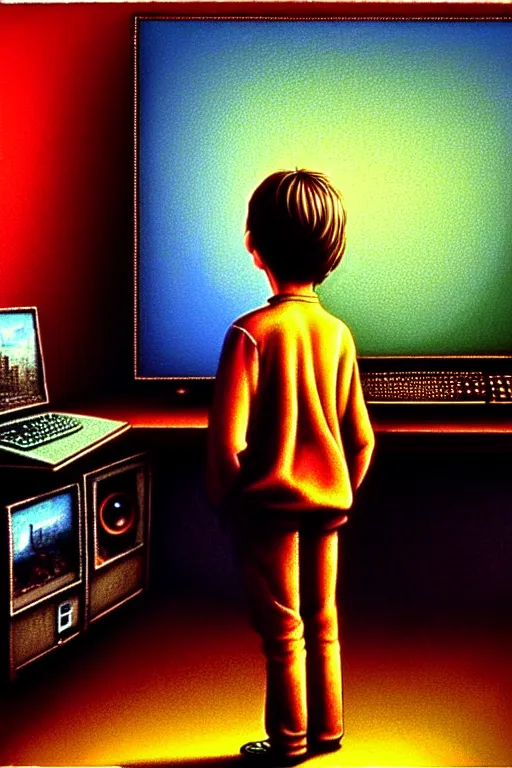 Image similar to realistic detailed color photo of a standing figure of a five years old boy in front of a PC computer monitor in an old dirty soviet apartment by and Mark Brooks, Neo-Gothic, gothic, rich deep colors. Beksinski painting, from a movie by David Cronenberg. masterpiece. realistic detailed image. Photographed with Leica Summilux-M 24 mm lens, ISO 100, f/8, Portra 400, kodak film, anamorphic lenses. high quality