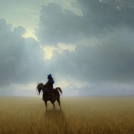 Prompt: cinematic shot epic portrait an hooded man riding a horse in middle of wheat fields, sunny, cloudy, broad light, ambient occlusion, volumetric light effect, made by ivan aivazovsky, peter mohrbacher, greg rutkowski, matte painting, trending on artstation, 4 k, perfectly defined features, digital painting, cinematic, epic, highly detailed,