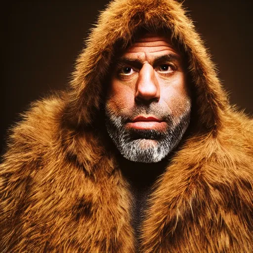 Prompt: Photo portrait Joe Rogan as a Neanderthal cave man wrapped in fur cloak lit by fire cave background dramatic lighting 85mm lens by Steve McCurry