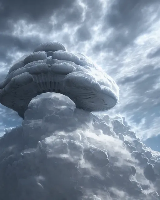 Prompt: a cloud formation in form of an alien superstructure, hyper realistic, hyper detailed, volumetric light, 8k