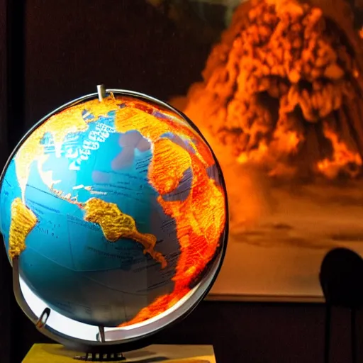 Prompt: A globe on display with an erupting volcano inside.