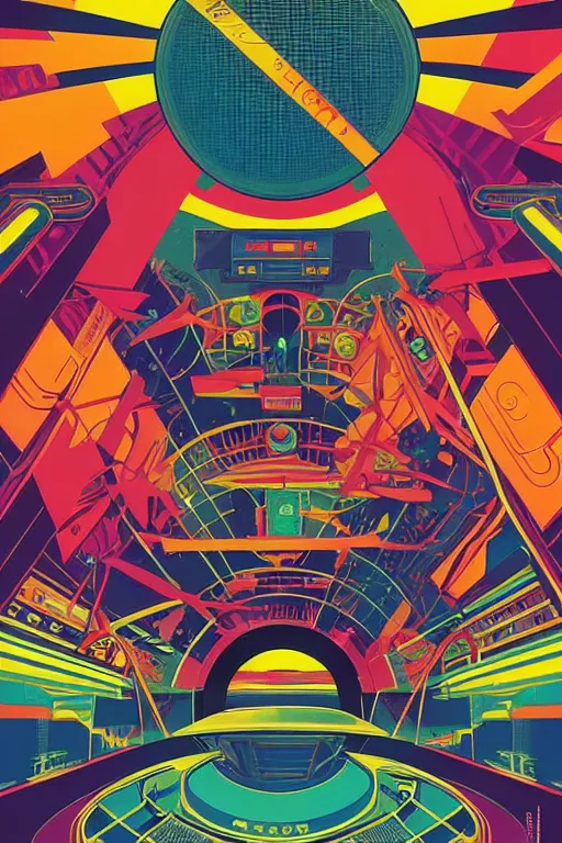 Image similar to a 8 0 s art deco poster with the interior of an international space station fuill of electronic equipment, poster art by milton glaser, kilian eng, moebius, behance contest winner, psychedelic art, concert poster, poster art, maximalist