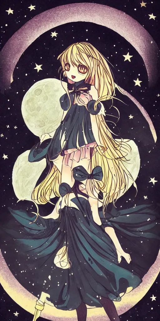 Prompt: a magical anime girl under the moon, dark colours, drawn in classic Japanese style amazing line work, high quality, Tarot card, tarot card the moon