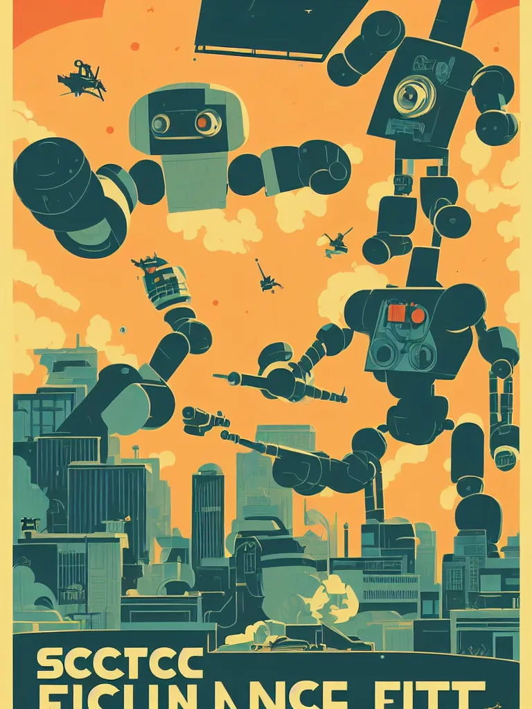 Image similar to tom whalen poster illustration of a large retro science fiction robot battle above city neighbourhood, vintage muted colors, some grungy markings