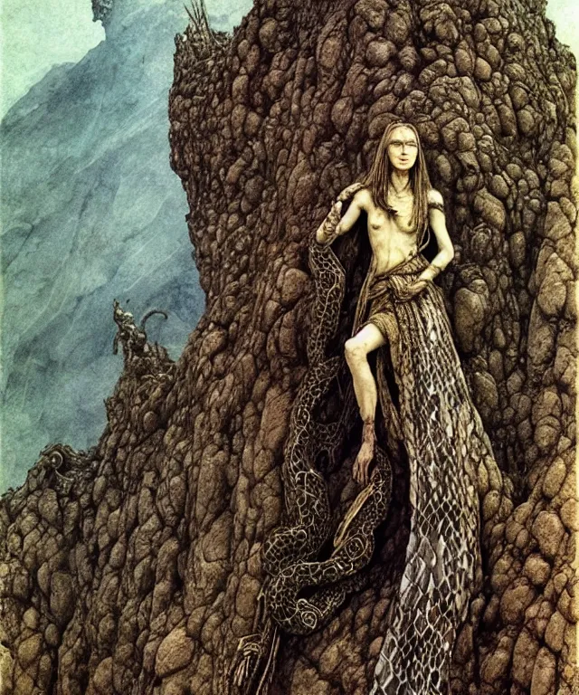 Image similar to A detailed snakewoman stands among the hills. Wearing a ripped mantle, robe. Perfect faces, extremely high details, realistic, fantasy art, solo, masterpiece, art by Zdzisław Beksiński, Arthur Rackham, Dariusz Zawadzki