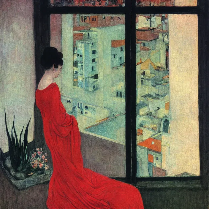 Image similar to portrait of woman in night gown, white cat and aloe house plant with brutalist city seen from a window frame with curtains. night. agnes pelton, caravaggio, bonnard, henri de toulouse - lautrec, utamaro, matisse, monet