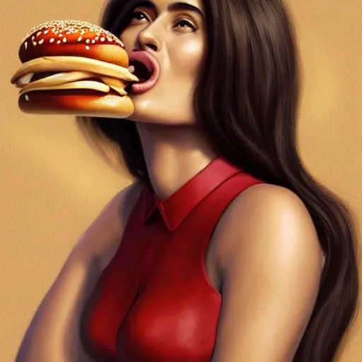 Prompt: portrait of Salma Hayek licking hamburger, extra onions and ketchup, luscious patty with sesame seeds, feminine ethereal, subsurface scattering skin, handsome, D&D, fantasy, intricate, elegant, highly detailed, digital painting, artstation, concept art, matte, sharp focus, illustration, octane render, arnold ai render, art by Artgerm and Greg Rutkowski and Alphonse Mucha