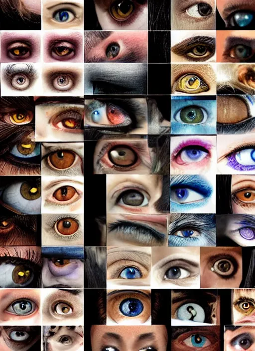 Prompt: grid montage of square shaped eyes, square shaped dilated pupils, square irises, detailed colored textures, eyelashes, advanced art, art styles mix, from wikipedia, wet reflections in eyes, sunshine light, hd macro photograph, from side, various eyelid positions, square black pupil centered