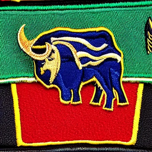 Image similar to closeup photo of a colorful embroidered patch of the coat - of - arms of a buffalo - themed house of hogwarts. the patch is sewn onto a leather school - bag. the name watanka appears on the patch.