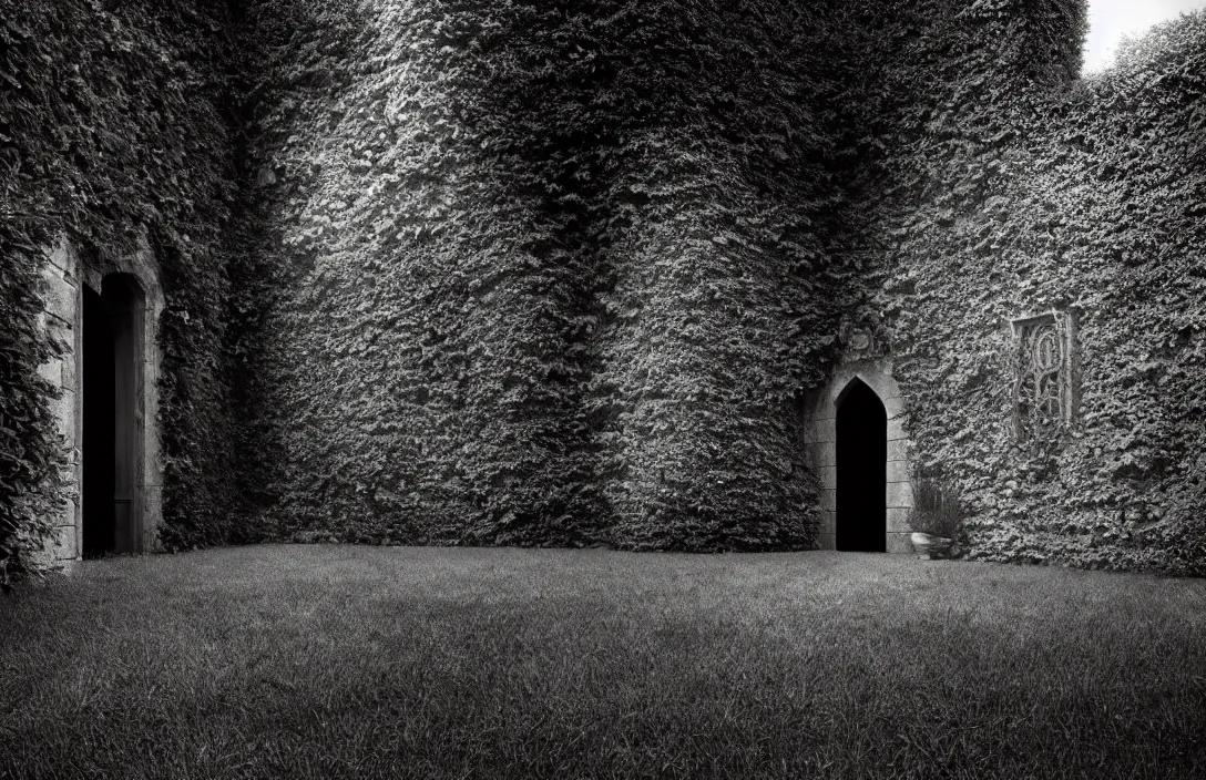 Image similar to sequestered corner of a garden within a castle walls line density is used for rendering light and shadow. forms exist in three dimensions, with height, width, and depth. intact flawless ambrotype from 4 k criterion collection remastered cinematography gory horror film, ominous lighting, evil theme wow photo realistic postprocessing excommunication directed by kurosawa