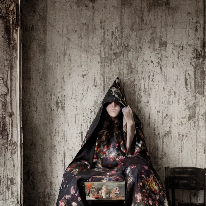 Image similar to a closeup portrait of a woman wearing a cloak made of photographs, staring at an empty chair, derelict home, photograph, by vincent desiderio, canon eos c 3 0 0, ƒ 1. 8, 3 5 mm, 8 k, medium - format print