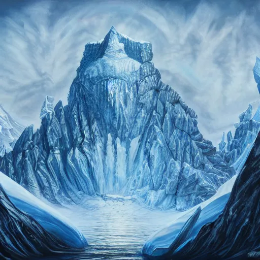 Image similar to epitome mysteries of Antarctica glacial cult mountain god, realistic fantasy, oil painting, extremely high detail, photorealistic, cinematic lighting, oil painting, intricate line drawings, 4k resolution