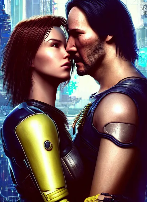 Image similar to a cyberpunk 2077 couple portrait of a Keanu Reeves as johnny silverhand and a female android in final kiss,couple pose,love,fantasy, intricate, elegant,by Alex Horley,Heather Theurer,aaron horkey,Greg Rutkowski,artstation,deviantart,FAN ART,Digital painting,face enhance,highly detailed,8K,octane,golden ratio,cinematic lighting