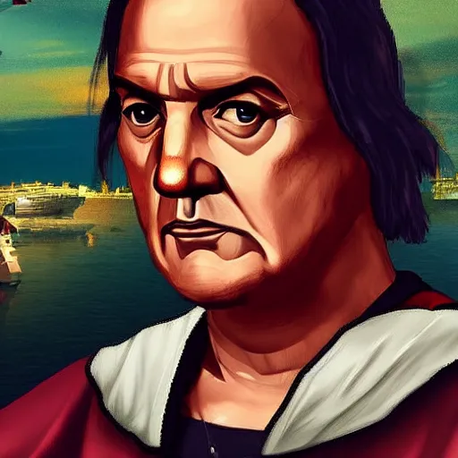 Image similar to christopher columbus portrait, gta chinatown wars art style, hyperrealistic, rgba colors, remove duplicate content, justify contents center.