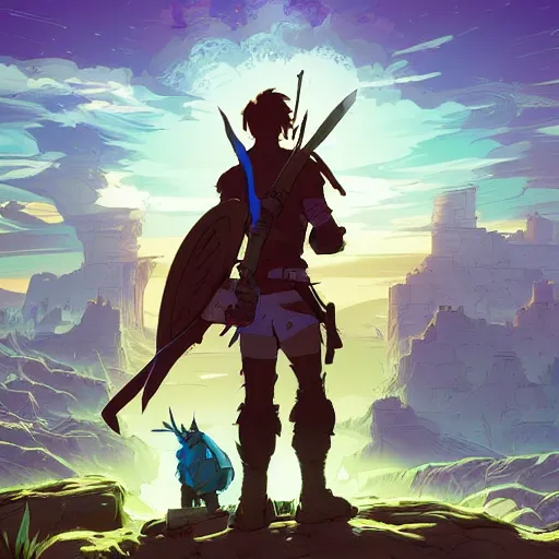 Image similar to cell shaded cartoon, warrior watching the sunrise over a battlefield,, illustration, wide shot, subtle colors, concept art by josan gonzales and wlop, laurie greasley, jordan grimmer and james jean, highly detailed, sharp focus, trending on artstation, hq, deviantart, art by artgem, in the style of breath of the wild