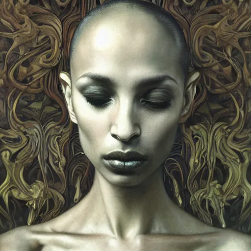 Image similar to sade by zdzisław beksinski, iris van herpen, alexander mcqueen, raymond swanland and alphonse mucha. highly detailed, hyper - real, beautiful