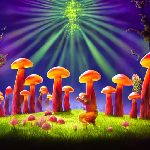 Image similar to a musical about dancing mushrooms, promotional images, imax, photorealistic, distortion