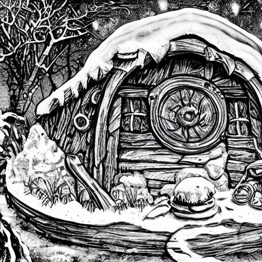 Prompt: a detailed illustration of hobbiton in winter, from the lord of the rings, round doors, hobbit burrows, a fat happy hobbit smoking a pipe