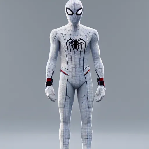 Image similar to white spider - man suit with black web lining, cinematic, volumetric lighting, realistic, hyperdetailed, photorealistic, photograph