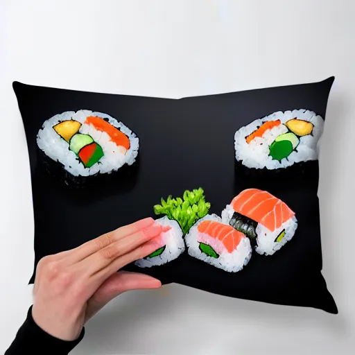 Image similar to a sushi pillow, product photography, highly detailed, epic lighting, hyper photorealism, 8 k