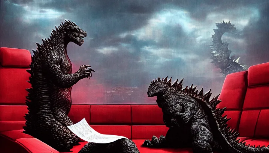 Image similar to Godzilla reading a movie script on a red couch, hyperdetailed, artstation, cgsociety, 8k