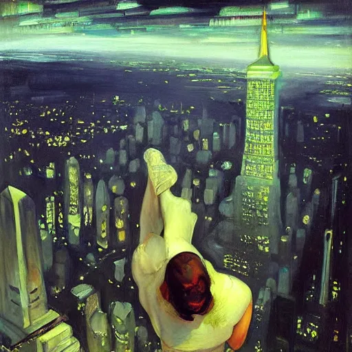 Prompt: “ a girl!!!!!! looking down at a futuristic new york city below, ghostpunk, very detailed, high quality, oil painting, by george bellows ”