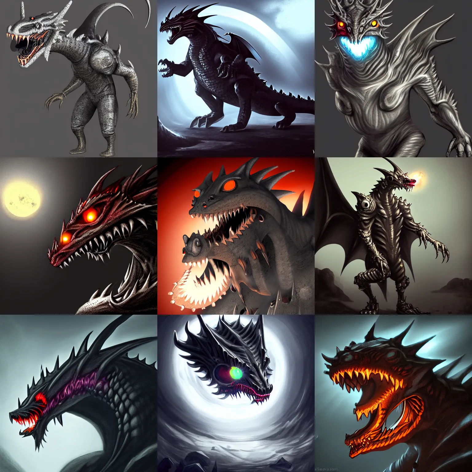 Prompt: snarling anthropomorphic dragon with glowing eyes and mouth standing in a crater, glowing eyes, glowing mouth, charcoal and silver color scheme, rubber suit, full body single character, moonlit night, good value control, high contrast, biomechanical elements, sci-fi, concept art