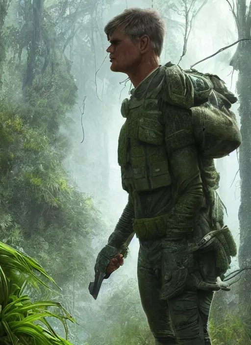 Prompt: portrait of a young richard dean anderson wearing a green combat uniform, in a post apocalyptic rio de janeiro overgrown with plants, by wlop, luis royo and greg rutkowski, cover illustration, concept art, volumetric lighting, volumetric atmosphere, sharp focus, octane render, trending on artstation, 8 k