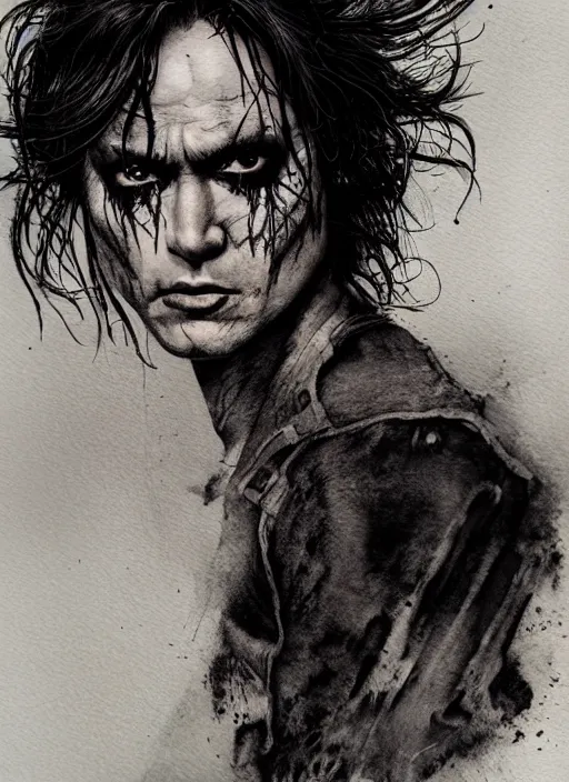 Prompt: portrait, Brandon Lee, The Crow, watercolor, dramatic lighting, cinematic, establishing shot, extremely high detail, foto realistic, cinematic lighting, pen and ink, intricate line drawings, by Yoshitaka Amano, Ruan Jia, Kentaro Miura, Artgerm, post processed, concept art, artstation, matte painting, style by eddie mendoza, raphael lacoste, alex ross