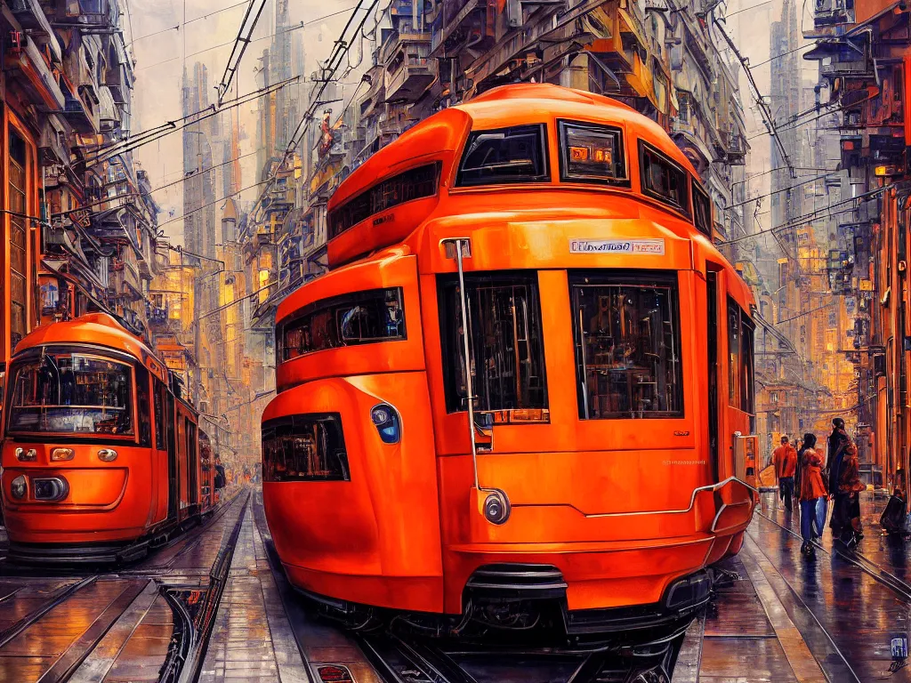 Prompt: hyperrealistic painting of a slice of life from milano city, mechanical designs, futuristic orange tram, technological, detailed engineering, vivid color, elegant, meticulous, cinematic, cyberpunk style, highly detailed, realism, intricate, acrylic on canvas, 8 k resolution, concept art, by noriyoshi ohrai, francesco di giorgio martini