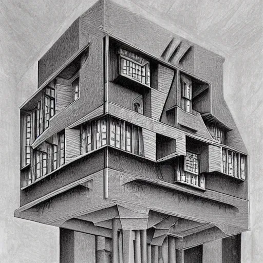 Image similar to impossible penrose house by M.C. Escher, painting with intricate details