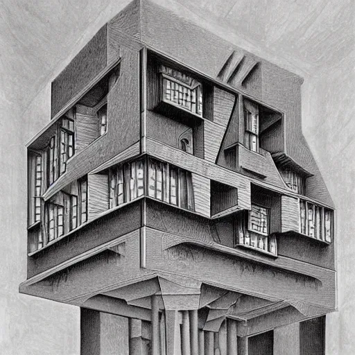 Prompt: impossible penrose house by M.C. Escher, painting with intricate details