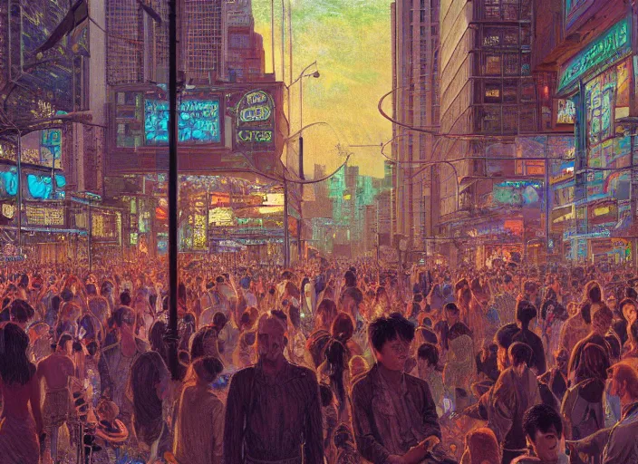 Image similar to crowd of people exterior office, portrait face, cyberpunk neon ads, in the style of jeremy enecio, intricate, miles johnston, monet, cynical realism, john william godward, painterly, yoshitaka amano, miles johnston, louise zhang, pekka halonen, finnish naturalism, realism