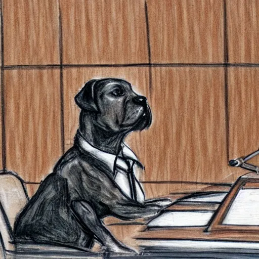 Prompt: A lawyer dog making an opening statement in court in front of the jury, highly detailed, courtroom sketch