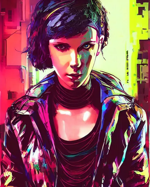 Image similar to cyberpunk millie bobby brown by yoji shinkawa