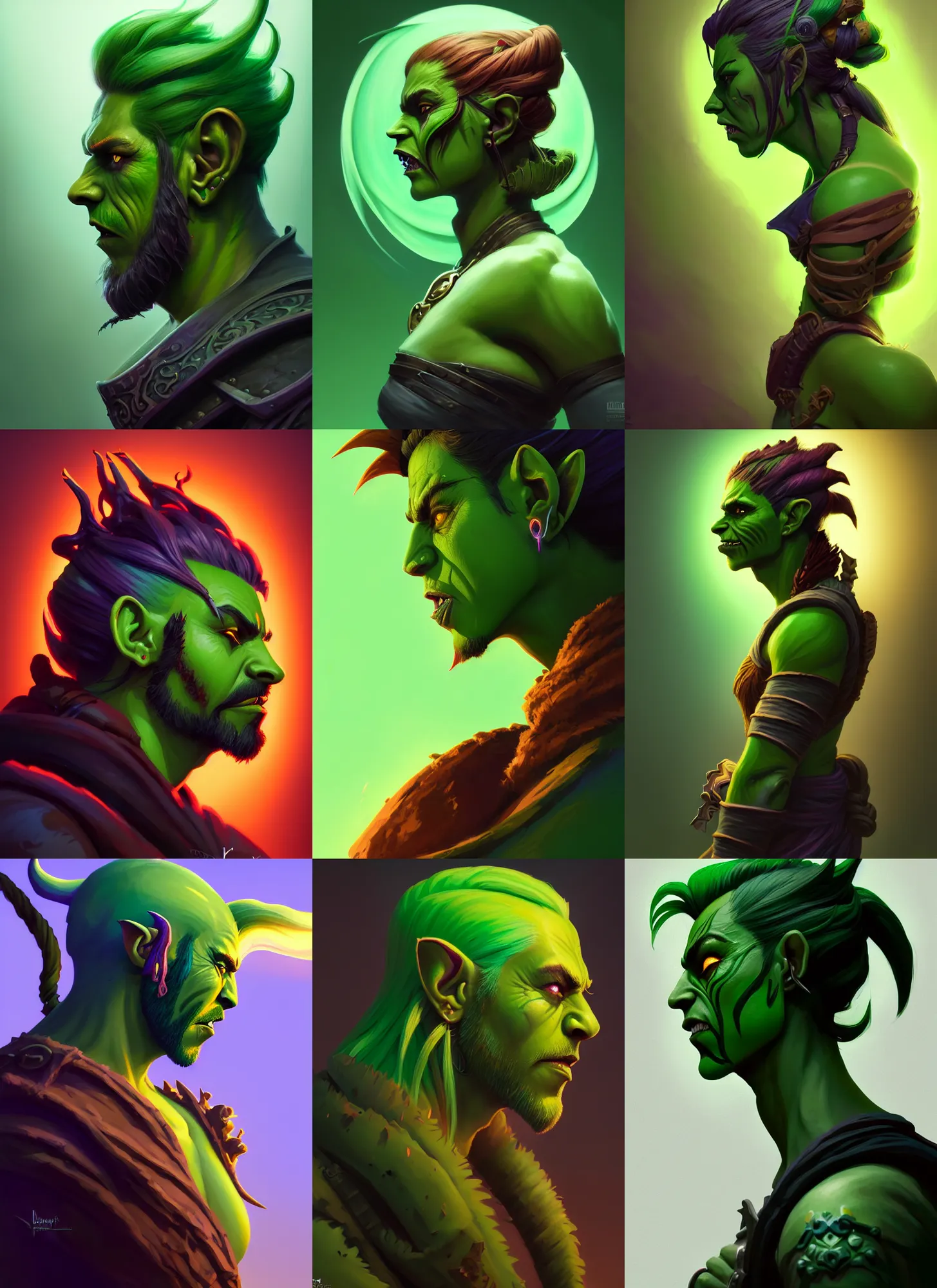 Prompt: side profile centered painted portrait, green Warcraft male goblin assassin, D&D, Gloomhaven, matte painting concept art, art nouveau, beautifully backlit, swirly vibrant color lines, fantastically gaudy, aesthetic octane render, 8K HD Resolution, by ilya kuvshinov and Cushart Krentz and Gilleard James