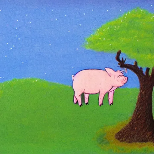 Image similar to pig on a hill next to a tree, style from aoshima chiho