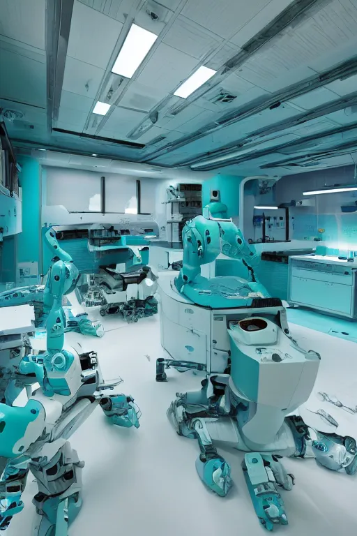 Image similar to interior of robotic medical facility, mecha, teal, highly detailed, low light, horror theme