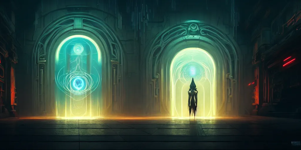 Prompt: portal to the ethereal realm, centered composition, intricate concept art, ethereal, ominous, mysterious, enchanted, magic, dramatic lighting, illuminated lines, outrun, vaporware, illuminated runes, cyberpunk darksynth, dark background, 8 k, octane render, by ruan jia and krenz cushart and alphonse mucha