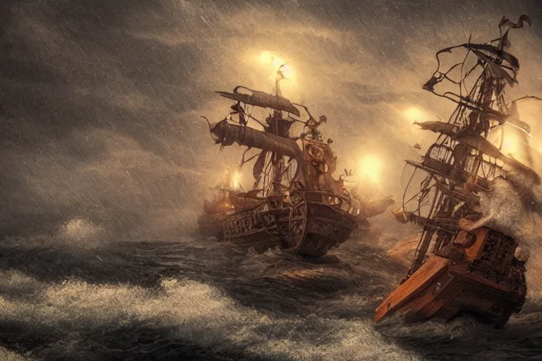 Image similar to epic pirate ship cannon battle in a storm, in the style of vernon grant and chris van allsburg, raging stormy sea, trending on artstation, bright tilt - shift camcorder effect, photoshop, retrowave, hyperrealism, octane, sharp focus, masterpiece