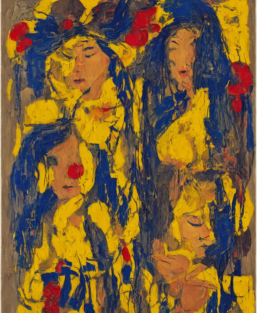 Image similar to portrait of a single lonely priestess with flowers in her hair and a candle in her hand, yellow and blue ribbons, expressive abstractionism, many small saturated hard relief strokes of oil on canvas with high detail