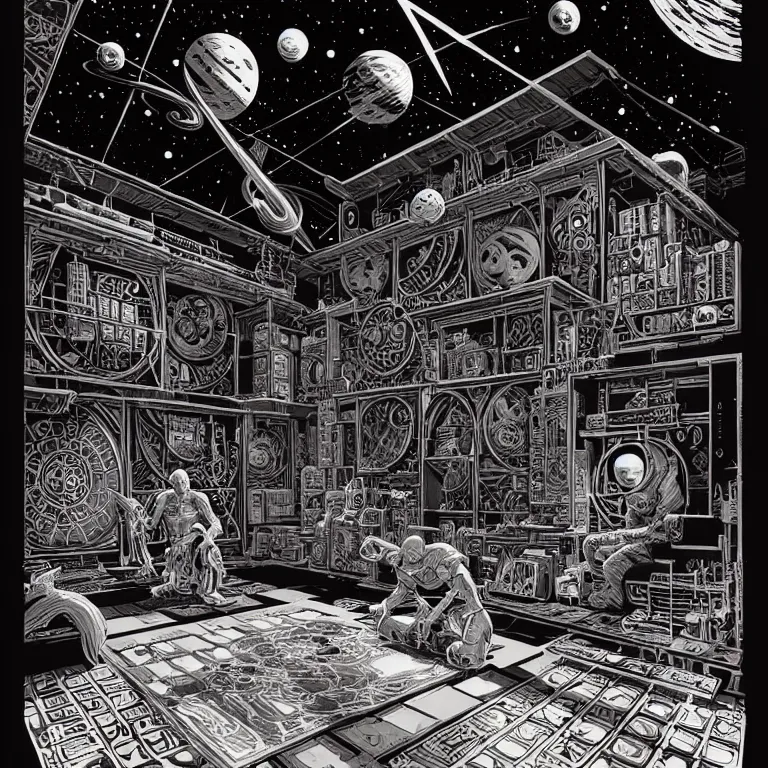 Prompt: ancient alchemist wizards laboratory, ceiling open to outerspace, high details, intricate clean line art, by vincent di fate, inking, 3 color screen print, masterpiece, trending on artstation, sharp, high contrast, hyper - detailed, hd, 4 k, 8 k