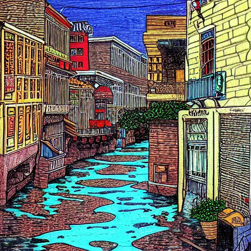 Image similar to water flowing through the streets in old city, sideview, colourful drawing by moebius