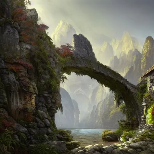 Prompt: A beautiful hyper realistic detailed matte painting of a perfect stone archway over a pathway through a dense colorful forest, dramatic mountains in background, dramatic lighting, dynamic lighting, cinematic lighting, lit by morning light, by Raphael Lacoste and John Howe and Andreas Rocha, unreal engine, featured on artstation, ultrawide angle, f8, polarizer filter