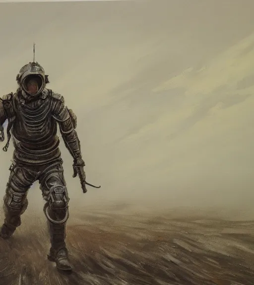 Prompt: a detailed painting of an armoured post apocalyptic man in a helmet walking around a sandy foggy wasteland. hd. 1 9 5 0 s painting style.