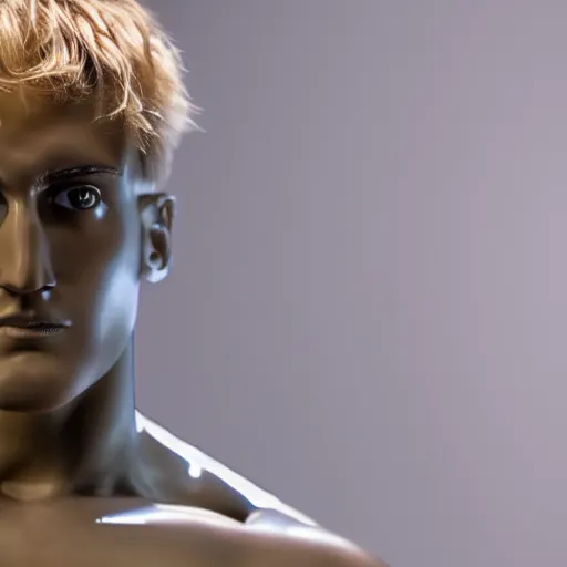 Image similar to a realistic detailed photo of a guy who is an attractive humanoid who is half robot and half humanoid, who is a male android, boxer and youtuber jake paul, shiny skin, posing like a statue, blank stare, at the museum, on display