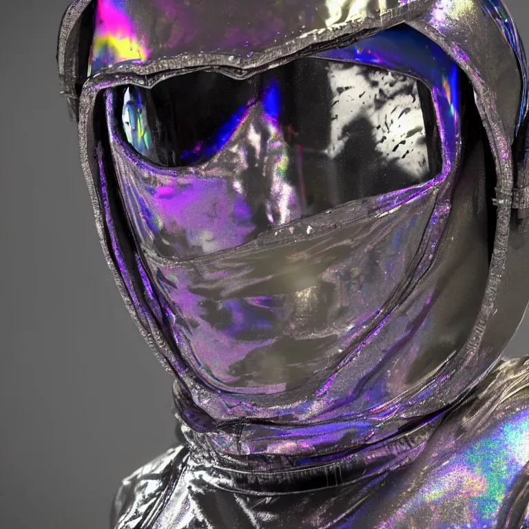 Image similar to octane render portrait by wayne barlow and carlo crivelli and glenn fabry, subject is a woman covered in tie - dye aluminum foil space suit with a iridescent metallic space helmet, inside a dark gothic rococo palace, cinema 4 d, ray traced lighting, very short depth of field, bokeh