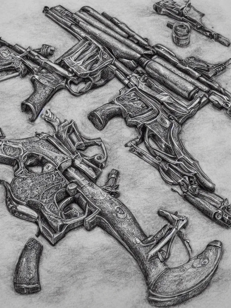 Image similar to detailed pencil etching of machine guns shotguns rifles revolvers bullets, drawing, ultrarealistic, intricate details, 4k