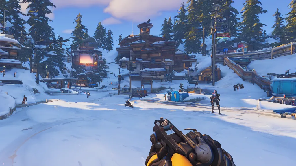 Prompt: Screenshot from Overwatch, at a ski resort